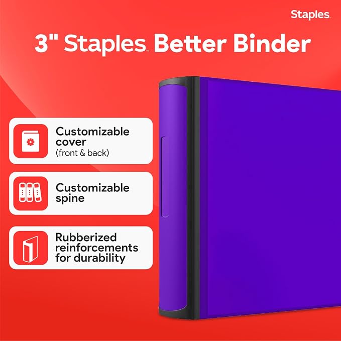 Staples Better 3-Inch D-Ring Binder, Purple, Heavy-Duty | Large-capacity 3-ring binder for school and office document storage.
