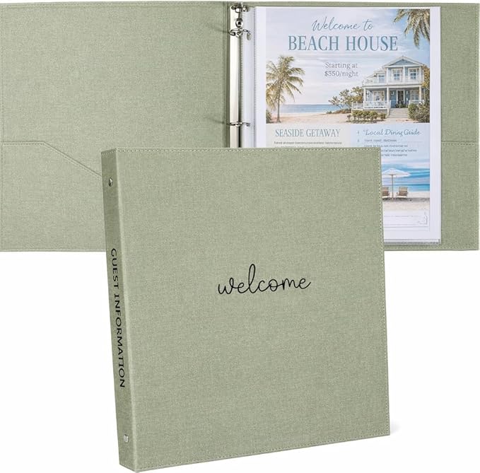 Paper 'n Such Welcome Binder for Short Term Rentals –Green Linen Fabric 3 Ring Folder for Airbnb, Vacation Home, House Manual & Guest Information - Letter Size