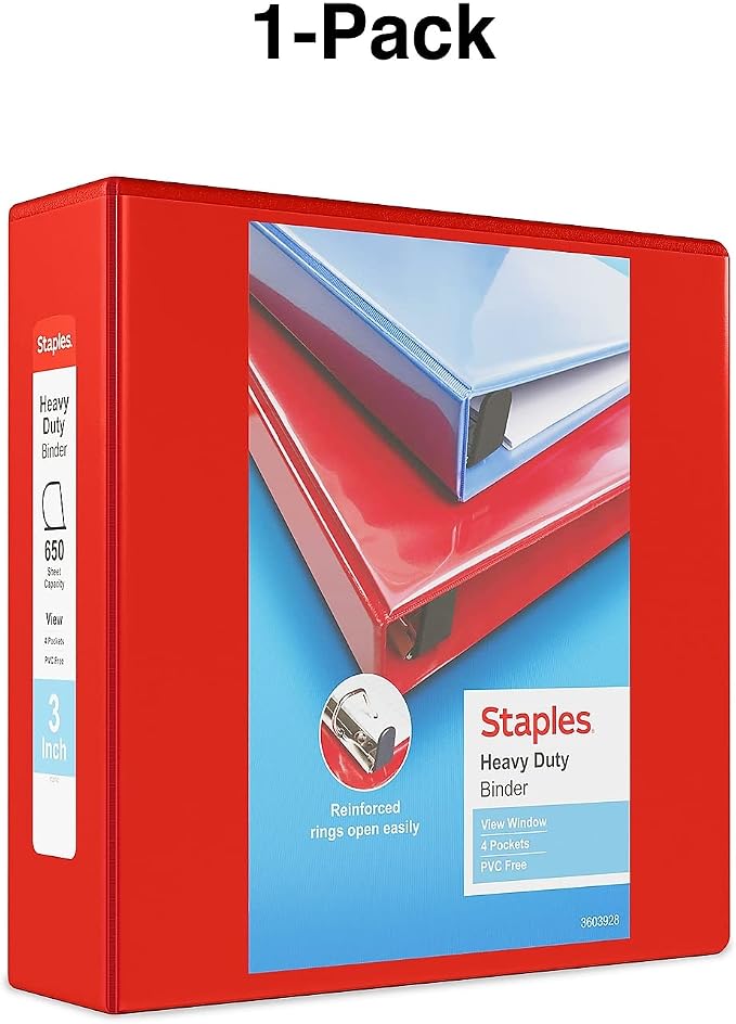 Staples Heavy Duty 3-Inch 3-Ring View Binder, Red, 2-Pack | Durable D-rings, 4 interior pockets, and clear overlay for high-capacity storage.