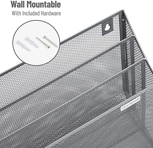 Mind Reader Vertical File Storage, Desktop Organizer, Wall Mount, Office, Metal Mesh, 12.5"L x 3.75"W x 11.5"H, Silver