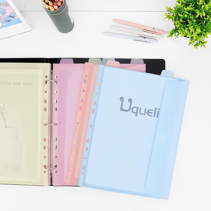 Uquelic A4 Binder, Folio Document Organizer, 3 Ring Folder Letter Size | Cute 12-Pocket Life Binder for Paper, Files, Photos, Letters, Cards (Black-Macaron)