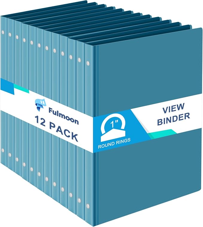 Fulmoon 12 Pcs Economy View 3 Ring Plastic Binder 12.2 x 9.8 Inch Plastic Round Ring Binders with Pockets Notebinder for Meetings for Home, Office, School(Turquoise, 1 Inch)