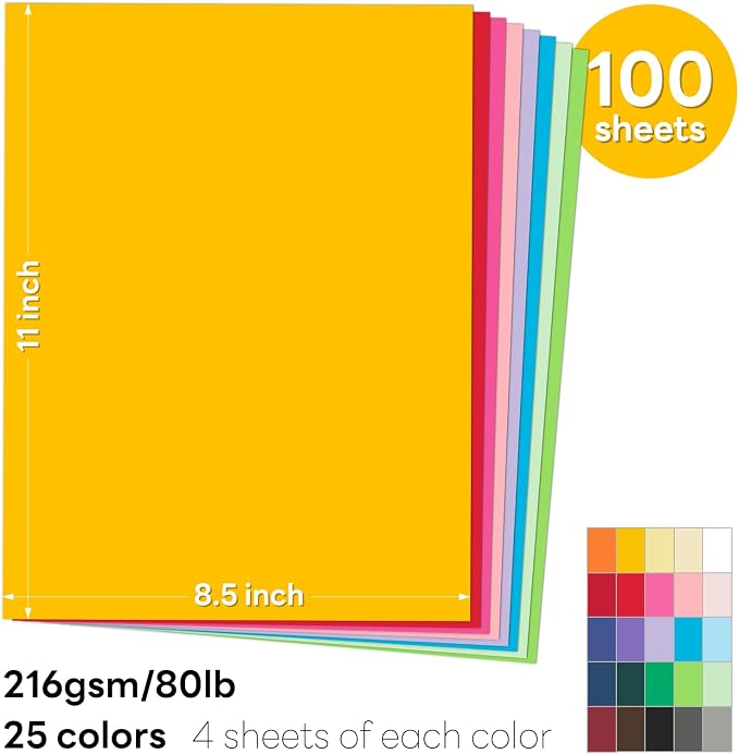 Colored Cardstock 8.5 x 11 Assorted | 100 Sheets Goefun 25 Colors Colored Copy card stock, 80lb Construction Paper Color Paper for Crafts & Scrapbooking