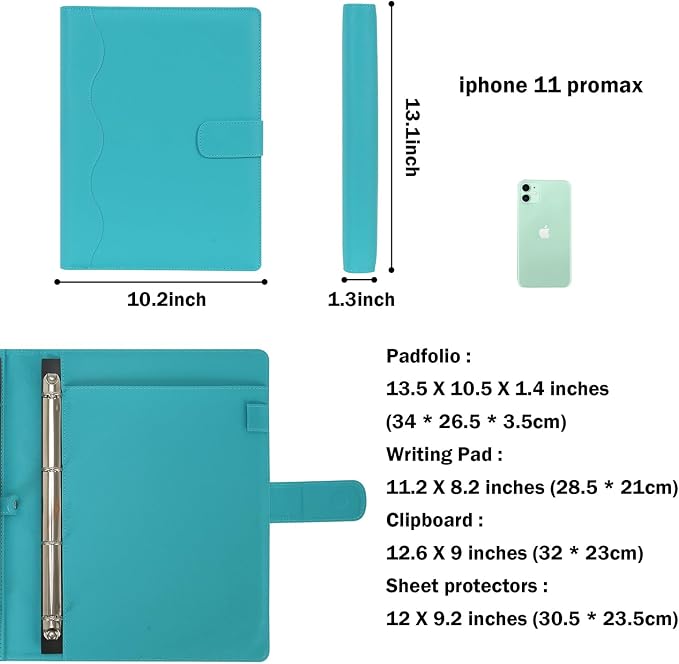 Wonderpool A4 PU Leather 3 & 4 Ring Holder Writing Portfolio Multi Document Case with Removable Binder Clipboard and Functional Pocket for Organizer Office Travel School (Cyan)