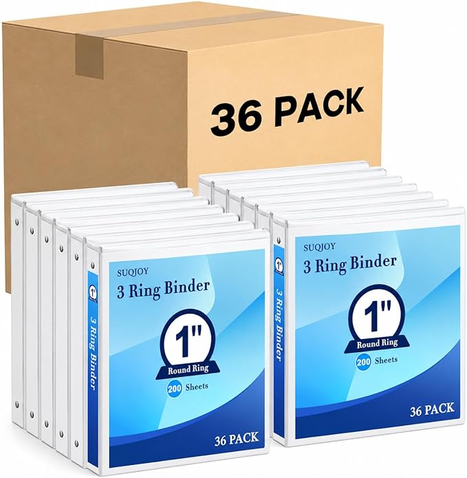 SUQJOY Durable 3 Ring Binders 1 Inch 36 Pack Bulk, Clear View Binders Bulk Three Ring Binders PVC Free, Fit for 8.5x11 inches for School or Office Supplie(White