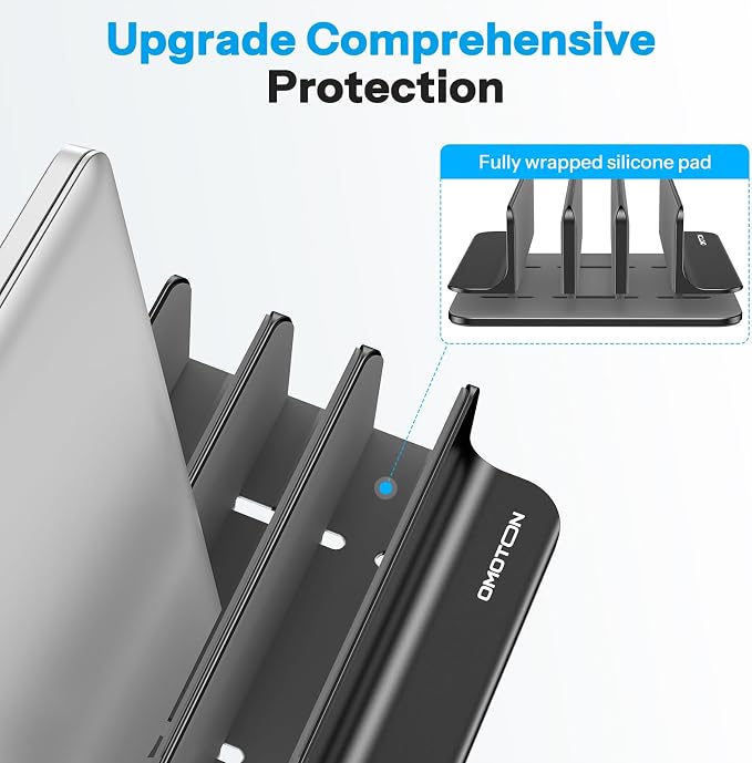 OMOTON 3-Slot Multiple Vertical Laptop Stand, Fits All MacBook, Black | Adjustable Width 0-1.38", Aluminum Office Space-Saving for Desk, Fits MacBook/Book/iPad Up to 17.3in