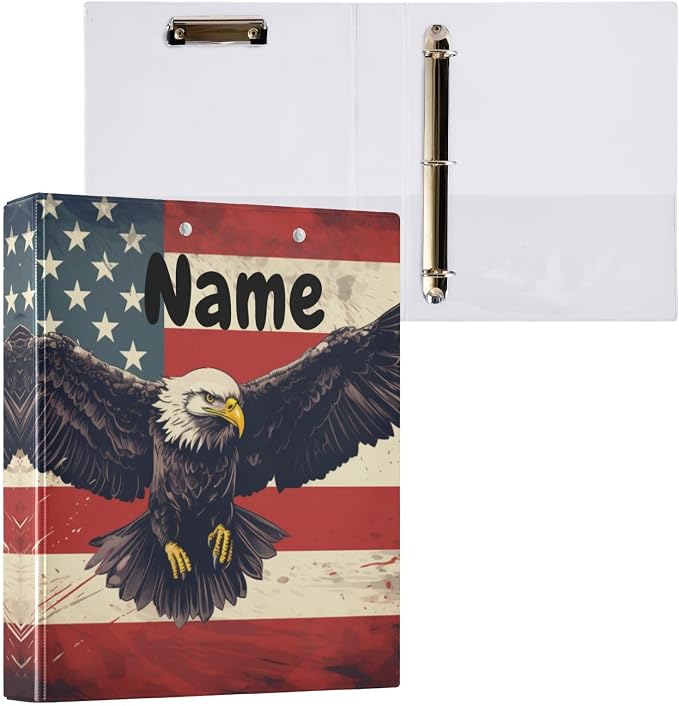Custom 3 Ring Binder American Flag Eagle 1.5" Round Ring Binders Personalized Name View Binder with 200 Sheet for Kids School Supplies Women Men Office, 1 Pack