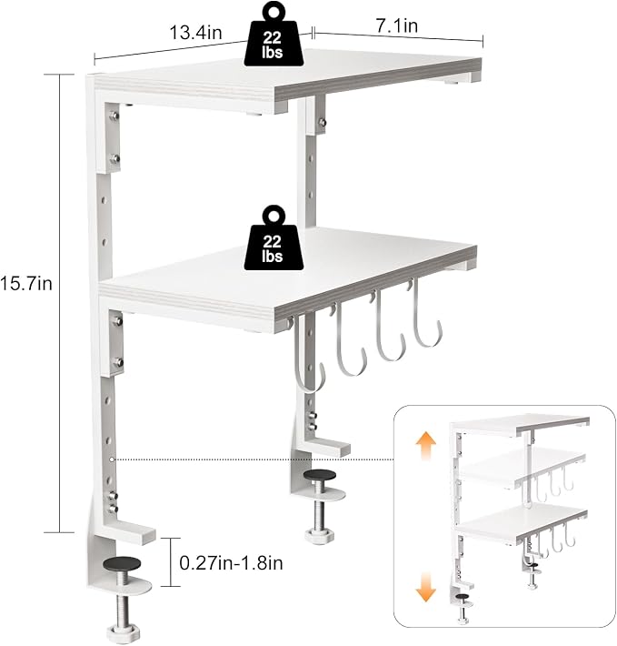 2-Tier Clamp On Desk Shelf, Clamp on Desk Shelf, 13 inch Adjustable Above or Under Wood Desk Storage Shelves, Heavy Duty Desktop Organizer for Working and Gaming Accessories, White