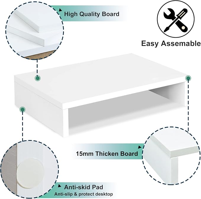 TEAMIX White Monitor Stand Riser for Desk, Small Computer/Laptop Stand Wood | 14.2"L x 9.5"W, Holds 80 lbs, Desktop Organizer Shelf, Ergonomic Morden Design, Easy Assembly, For Home Office, Gaming
