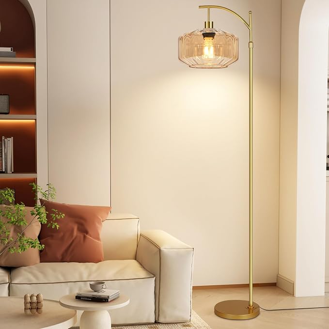 Vintage Floor Lamps for Living Room Glass Floor Lamp with Remote Control,Dimmable Floor Lamp Gold Mid Century Modern Standing Lamp 3 Color Temperature Brass Tall Floor Lamps for Bedroom Corner