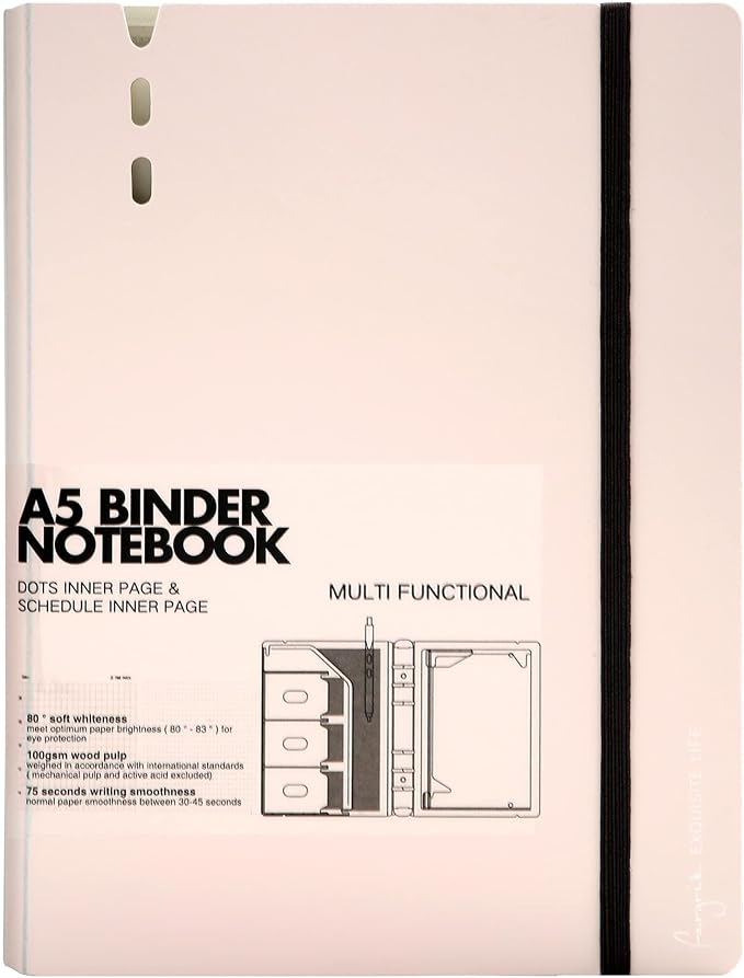 CAGIE A5 Binder 6 Ring Refillable Notebook with Dividers & Pockets | Daily Planning Square Ruled and Dotted Pages, Refill Paper Included, 6.89 x 9.25 In (Pink, A5 Daily & Dot Page)