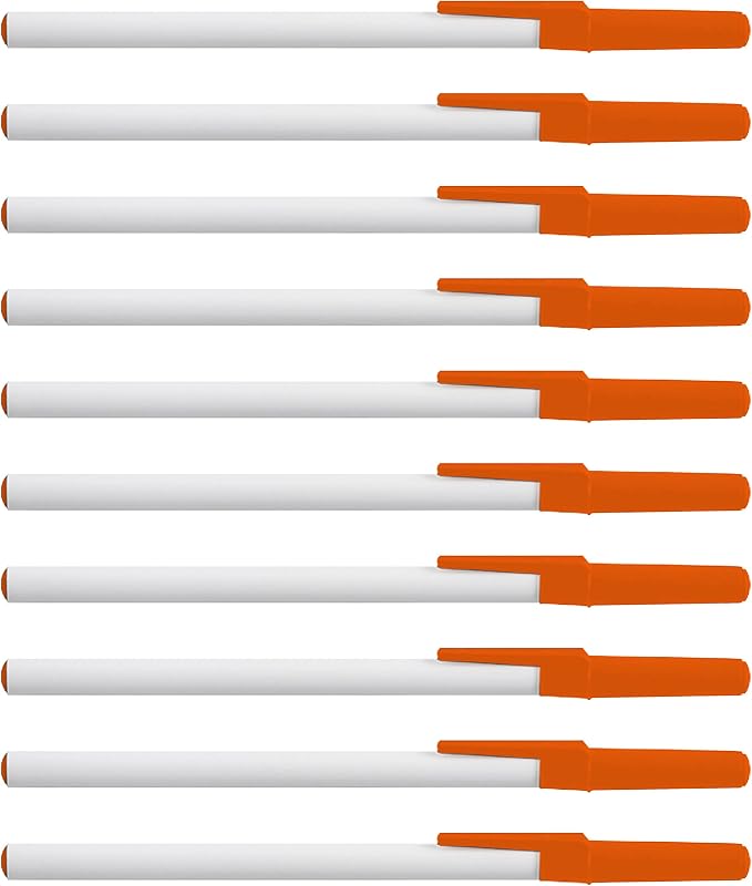 DISCOUNT PROMOS Value Stick Pens Set of 10, Bulk Pack - Blue Ink, Great for Office, School, Business, Tradeshows, Events - Orange Cap