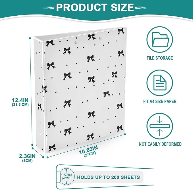3 Ring Binder 1.5 Inch Black Bow Dot White Clipboards Binders with Interior Pockets Round Ring Binder for Office Supplies and School 1 Pack