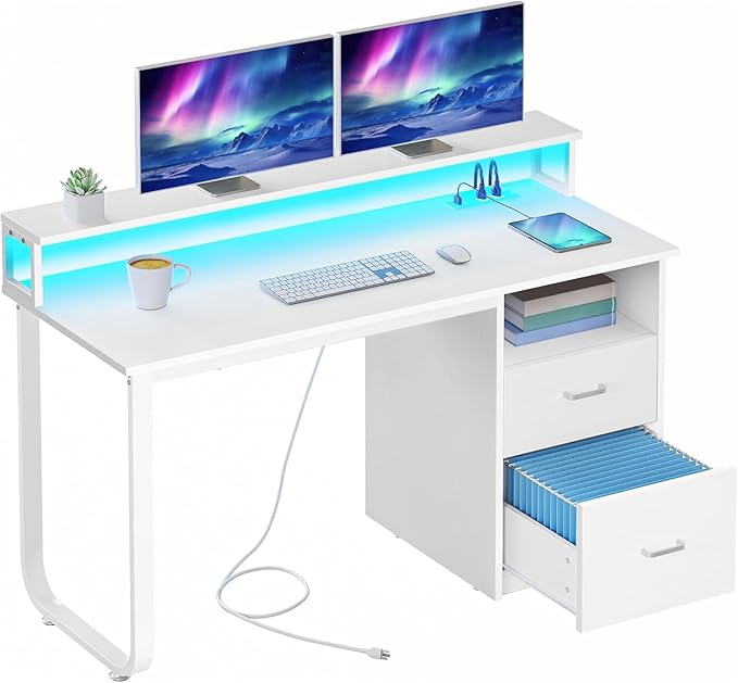 DWVO 47" Office Desk with Drawers, Monitor Stand, Power & LED, White | Built-In Power Outlets, Led Light, Monitor Stand, Storage Space, For Home Office Study, Easy Assembly