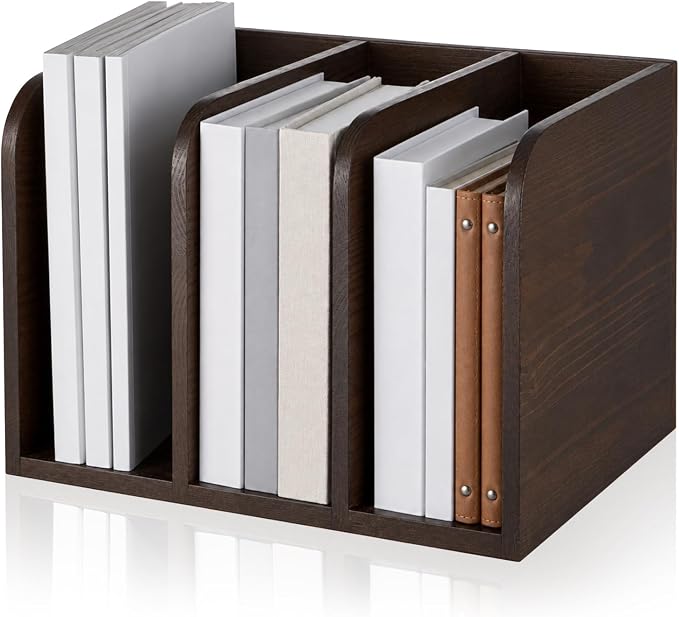 Novabright Walnut Color Pine Wood File Magazine Holder Desk Organizer, 3 Vertical Compartments Workspace Sorters for Magazines, Notebooks, Envelopes