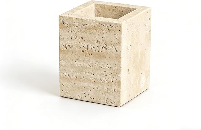 Natural Travertine Desk Organizer Pen Holder | Single Compartment Pencil Cup for Pens, Makeup Brushes, 3.15 x 3.15 x 3.94 in
