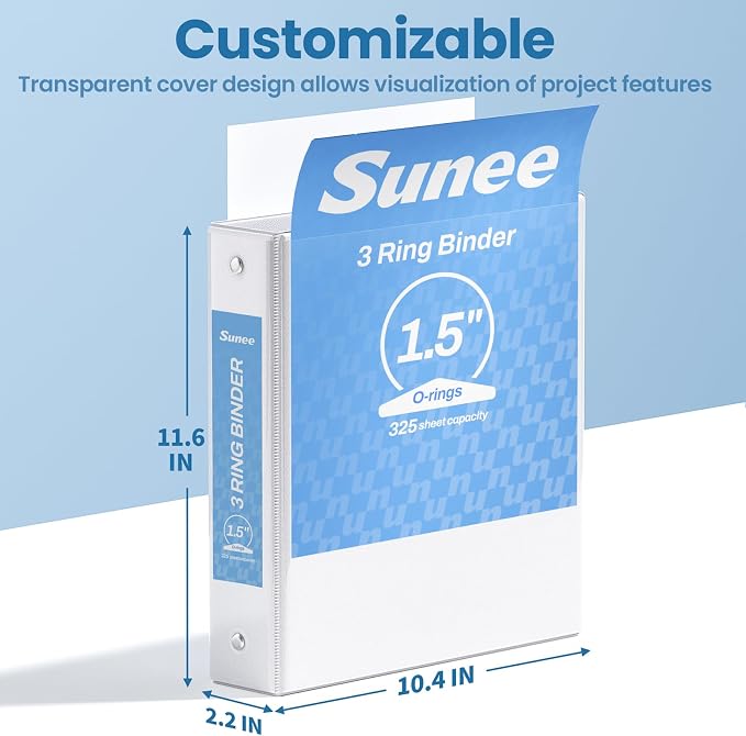 SUNEE 1.5 Inch Binders 3 Ring 4 Pack, PVC-Free Clear View 1 1/2 Inch Binders (Fits 8.5x11 Inches) for School, Office & Home Use, White