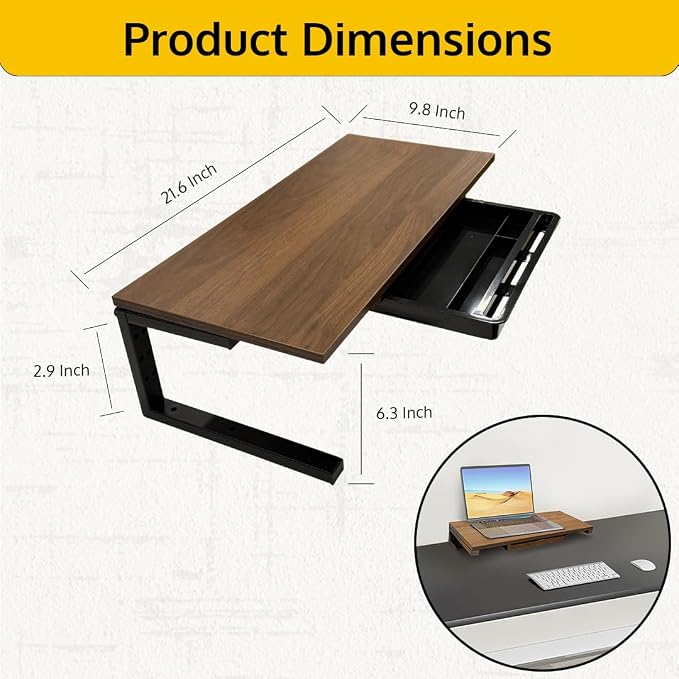 *Test* Ergonomic Clamp-On Laptop and Computer Monitor Riser Stand with Drawer, 21.6 x 9.8 inch - Dark Brown|Laptop Stand for Desk, Monitor Riser, Desk Organizer, Office Desk Home Workspace