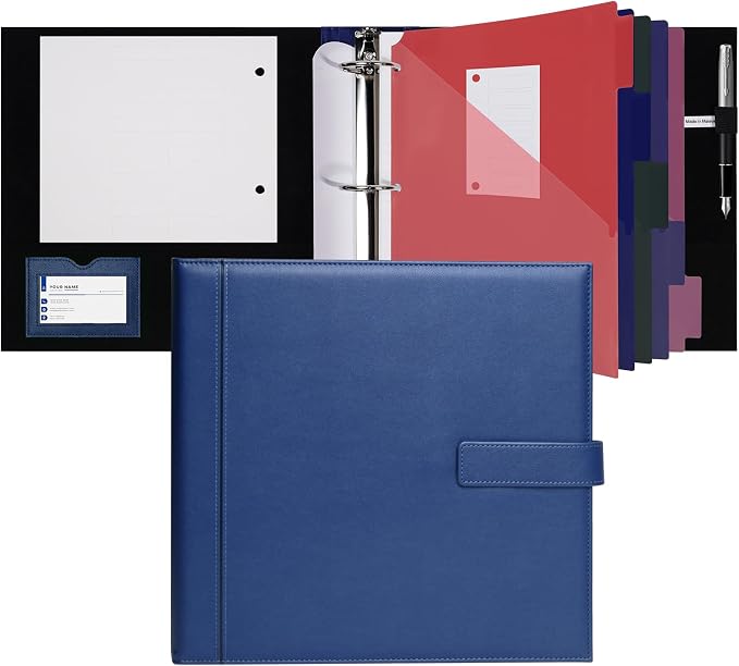 POPRUN 1.5 Inch PU Leather Portfolio Binder, Letter Size, Blue | 1.5" Ring, Letter Size, PU Leather, Dividers, Card Slots, Storage Pockets, Business, Office