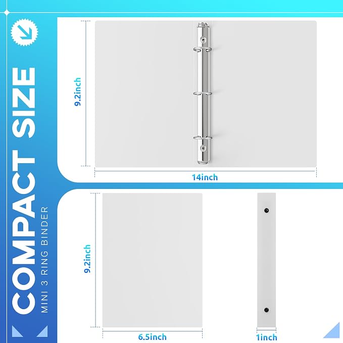 Henoyso 12 Pcs Plastic Flexible 1 Inch Mini 3 Ring Binders Fits 5.5" x 8.5" Paper, Holds(Capacity 200 Sheets), Three Round Rings Small White A5 Binders Bulk for School, Office Use, Photo Album