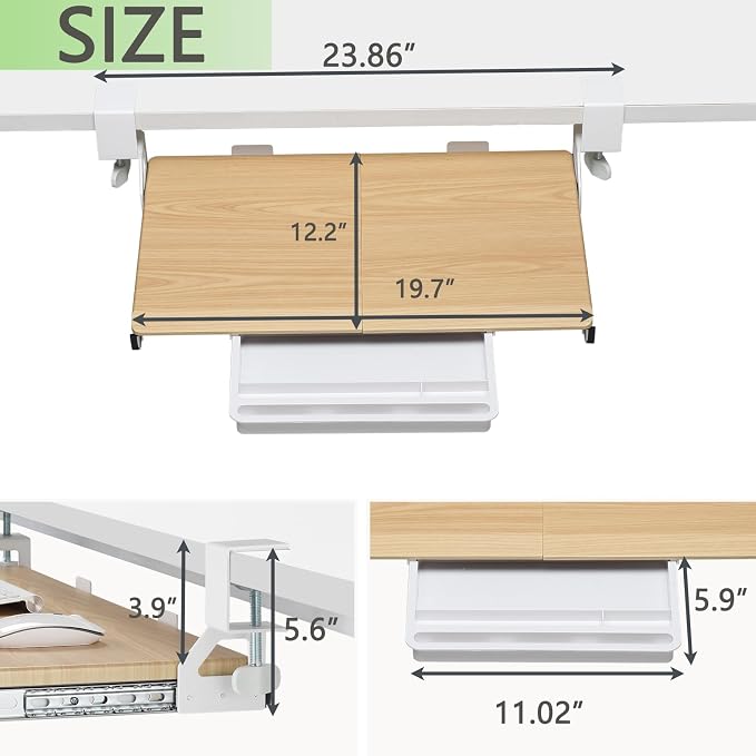 ETHU Under Desk Keyboard Tray - Small Slide Out Keyboard Shelf with C Clamp Mount, 19.7" x 11.8" Ergonomic Pull Out Tray for Home Office Desk,Oak