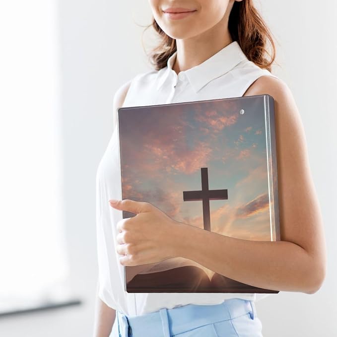 Prayer Bible and Cross Religious Binder 3 Ring 1.5 Inch Binder with Clipboard&Pockets, Hardcover Binders Heavy Duty Large File Folder for Office School Supplies - Holds 200 Sheets, 2 PC