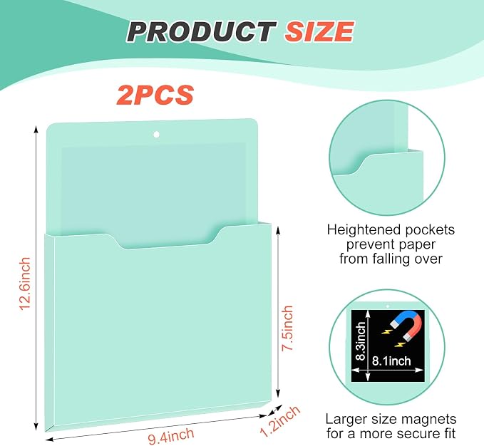 Feifeiya 2 Pcs Magnetic File Folder Wall Hanging Holder Large Pocket Paper Magazine Mail Organizer for Refrigerator Classroom Locker Whiteboard(Vertical,Mint Green,12.2 x 9.4 Inches)