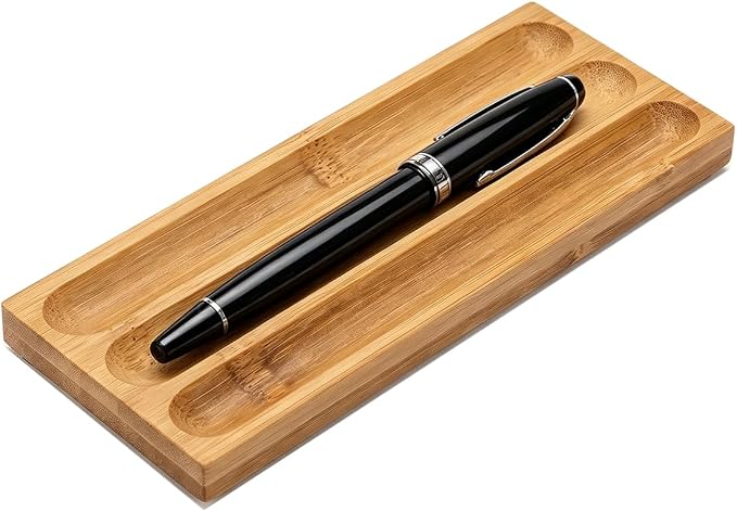 Natural Bamboo 3 Slot Pen Tray, Wooden Pen Holder Desk Organizer for Fountain Pens, Markers, Makeup Brushes, Minimalist Office Desk Storage Tray