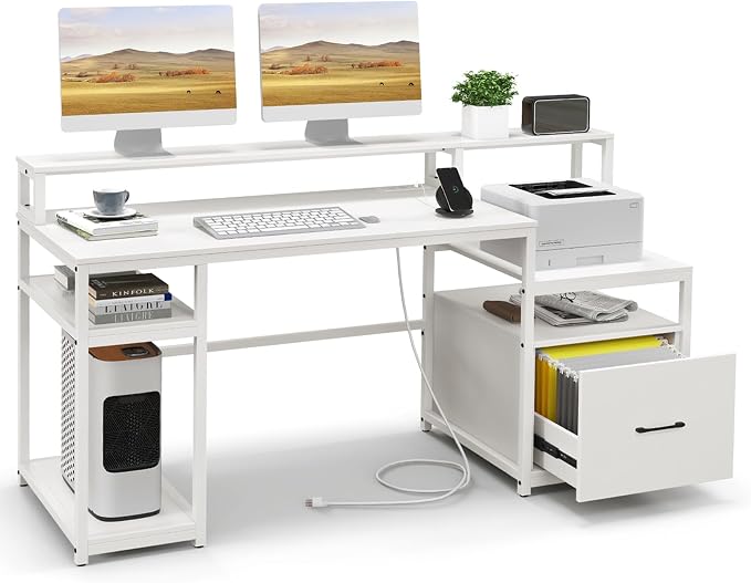 GIANTEX Computer Desk with Drawer, 66 Inch Computer Workstation with Charging Station, Monitor Stand, Printer Cabinet, CPU Stand & File Drawer, Gaming Table Writing Desk for Bedroom, White