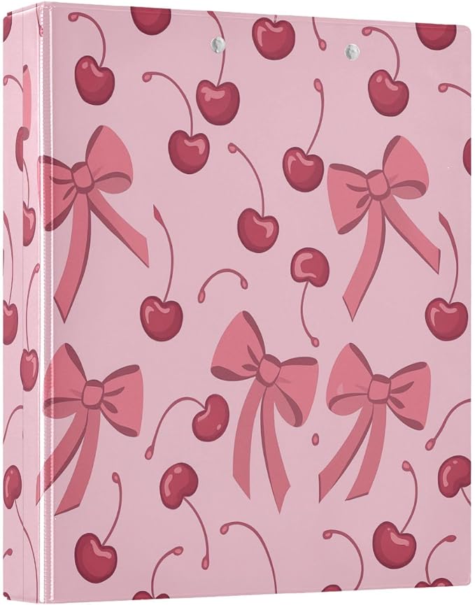 Caikeny 3 Ring Binder Pink Bow Cherry Red 1.5 Inch Binders Round Ring Clipboard with 2 Pockets for Office Supplies