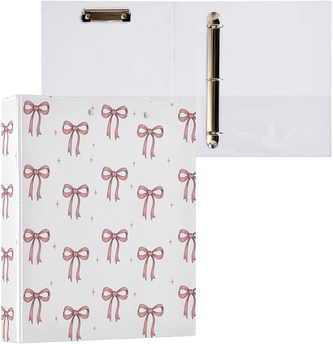 Aslsiy Kids 3 Ring Binder 1.5 Inch Little Pink Bows Star Round Clipboard Binder Girls Decorative Harcover Binders Organizer for Office School Supply