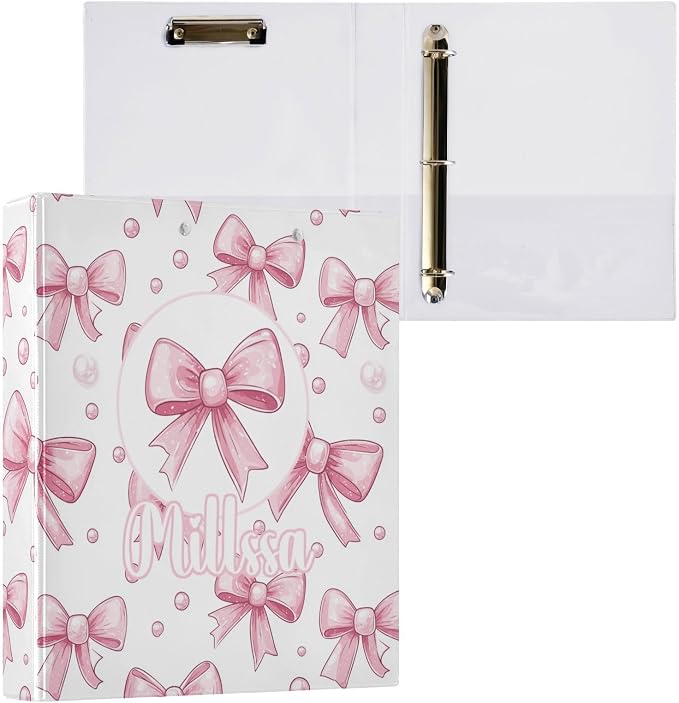 Pink Bows 4 3 Ring Binder with Clipboard Round Ring Binders Name Custom Binder 3 Interior Clear Pockets for Office Supplies 1 Pack