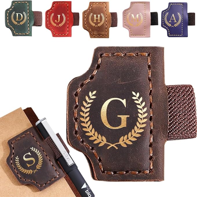 Personalized Mark Bookmark with Pen Holder, Leather Magnetic Book Marker 26 Letters,Custom Initials Page Marks, Gifts for Book Lovers Readers Men Women (Coffee, G)