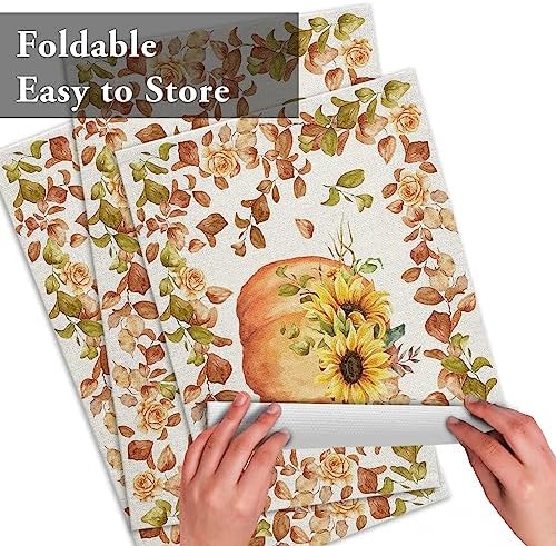 Boho Fall Placemats Set of 4, Thanksgiving Watercolor Pumpkins Heat Resistant Washable Table Place Mats Sunflowers Eucalyptus Table Linens Party Holiday Decor for Home Kitchen Dining Outdoor Indoor,