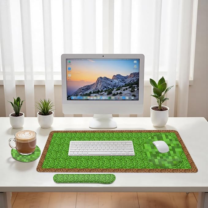 Pixel Game Mouse Pad Set Gamer Pixel Grass Gaming Mousepad 4in1 Desk Mat for Desktop Wrist Support Cup Coaster Set Ergonomic Computer Desk Arm Wrist for Decor Home Office