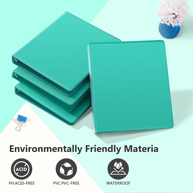 ViVin 1 Inch Round Ring View Binder for Durability, 6-Pack (Lake Green) | Standard 3 Ring Binder for 200 Sheets of US Letter Size Paper, PVC-Free, Clear View Cover, Office Home School Use
