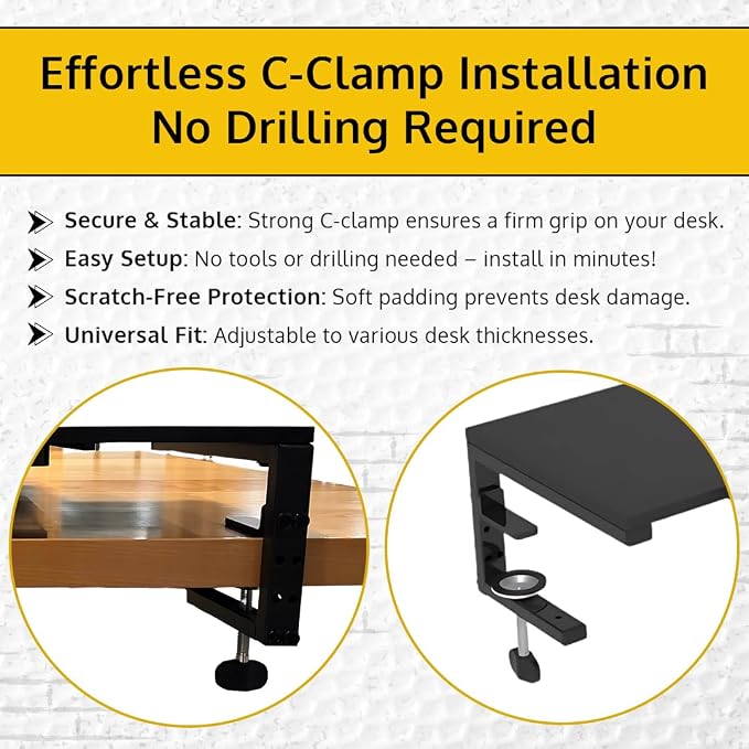 Ergonomic Clamp-On Laptop and Computer Monitor Riser Stand with Drawer, 21.6 x 9.8 inch - Black |Laptop Stand for Desk, Monitor Riser, Desk Organizer, Office Desk Home Workspace