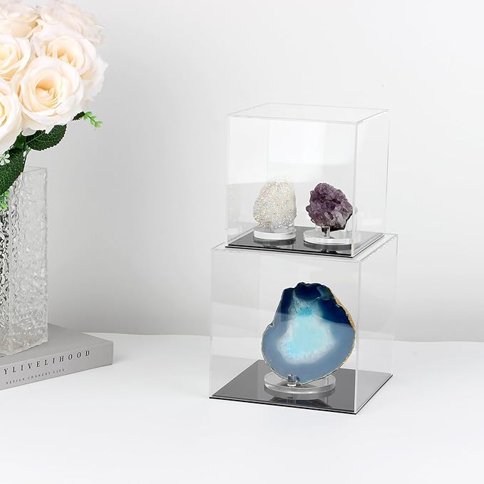 7x7x7Inch Simple Self-Assembly Clear Acrylic Box with Black Base | Acrylic Display Case with Lid Countertop Clear Square Acrylic Box Cube Acrylic Storage Containers for Office Home