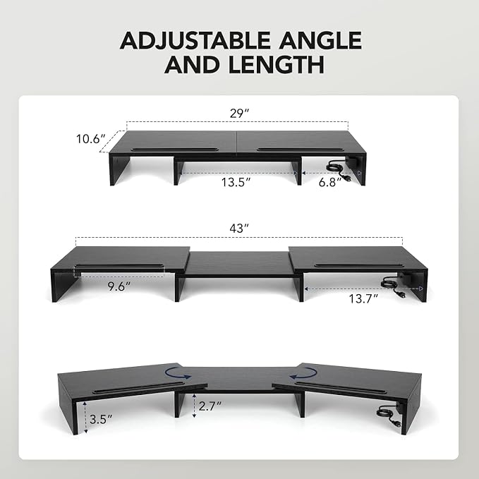 HUANUO Dual Monitor Stand -Monitor Stand with USB ports ,Adjustable Length and Angle, Dual monitor riser w/ Desktop Socket, Monitor Stand Riser for PC, Computer, Laptop (Black)