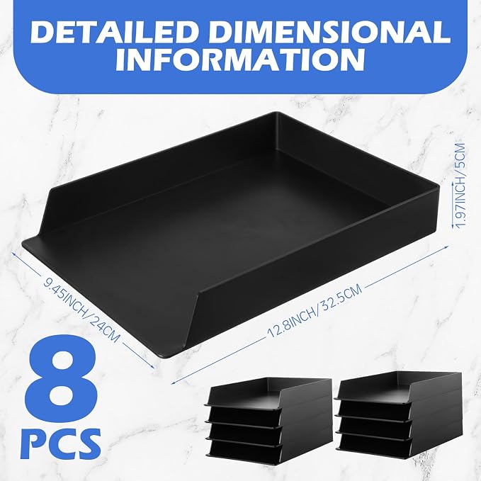 8 Pcs Stackable Paper Trays Rectangular Plastic Desk Holder Desktop Document File Organizer Storage Letter for Office Classroom (Black)