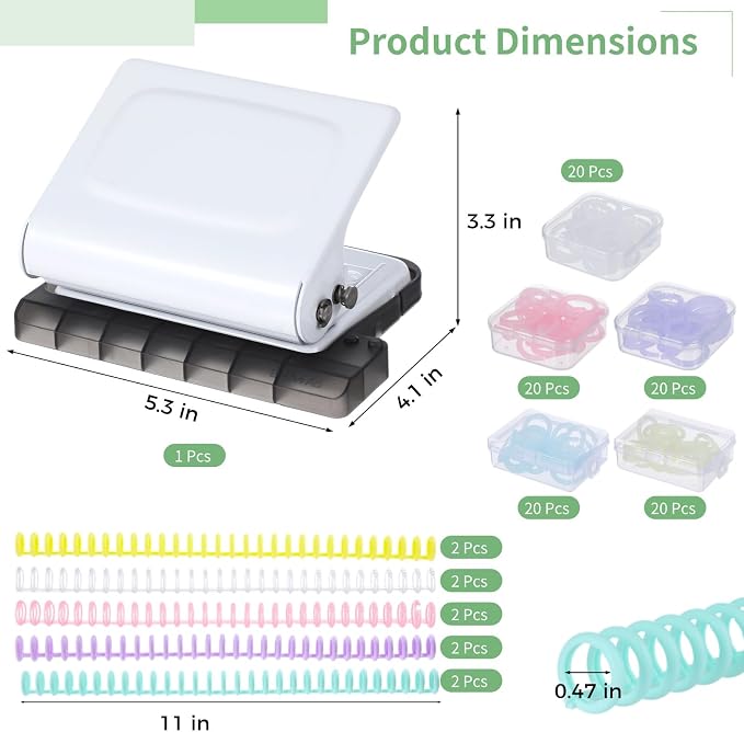 10-Hole Binder Machine Kit, Manual Binding System with 10 Pcs Loose Leaf Binding Spines & 100 Pcs Binder Rings, Binding Machine for Planner, 26 Holes on B5, 30 Holes on A4, 20 Holes on A5