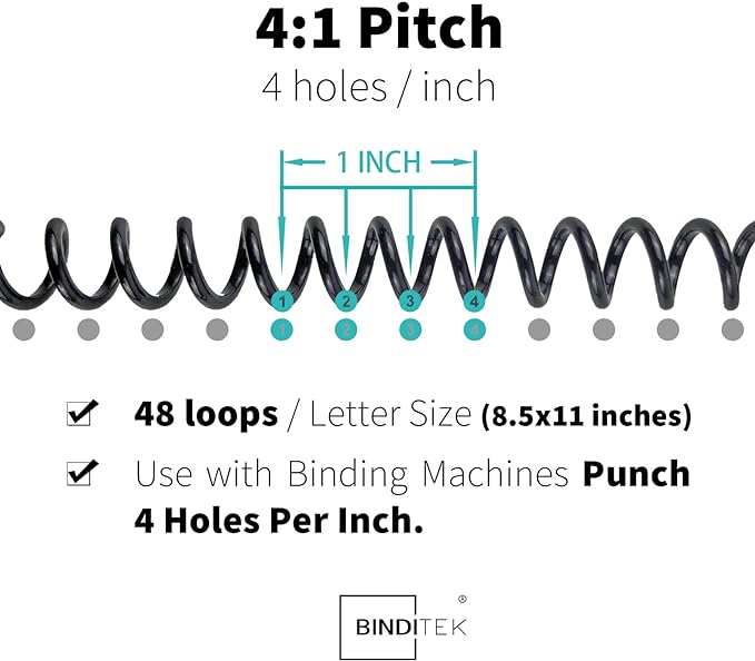 Binditek Plastic Spiral Binding Coils, 32 mm, 4:1 Pitch, Black, 50 Pack | Coil Binding Spines, 1-1/4", 280 Sheet Capacity, 48 Loops, for Letter-Size Reports, Presentations, School and Office Projects