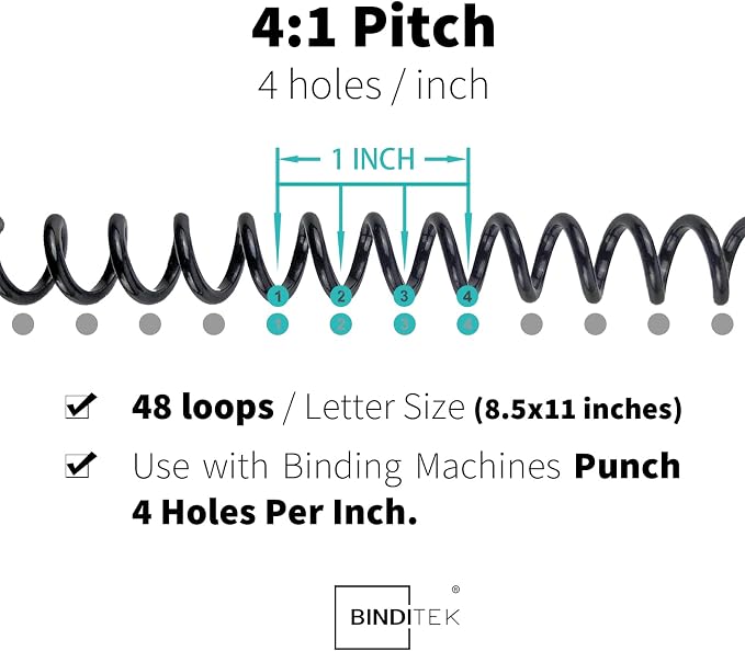 Binditek Plastic Spiral Binding Coils, 14 mm, 4:1 Pitch, Black, 50 Pack | Coil Binding Spines, 9/16", 115 Sheet Capacity, 48 Loops, for Letter-Size Reports, Presentations, School and Office Projects