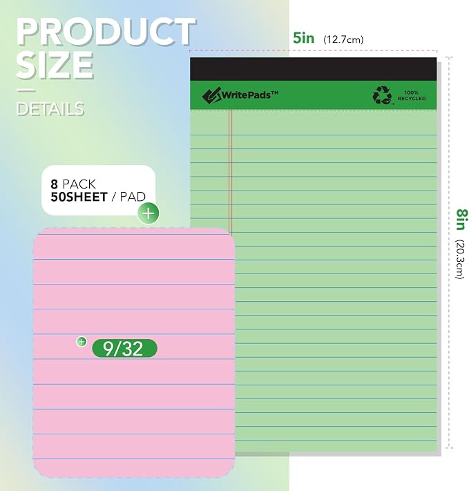 KAISA Colored Legal Pads - 5"x8" Narrow Ruled, 50 Sheets/Pad (8 Pads), Recycled Paper Writing Pad with Sturdy Back, Small Size for Easy Organization and Portability, KSU-6887