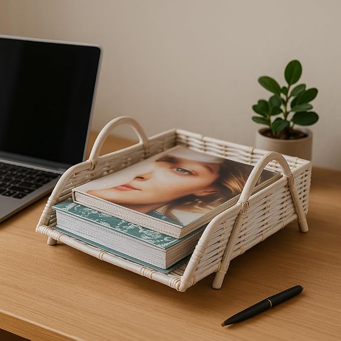Rattan Inbox Tray for Desk, Made in Indonesia – 14x10.5x3.5 inch Handwoven Basket Organizer, Single Letter Tray with Sturdy Frame, Decorative Wicker Paper Holder (White Wash)