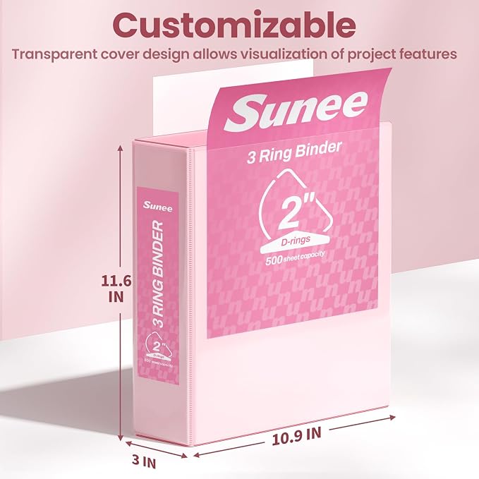 SUNEE 3 Ring Binder, 2 Inch Clear View PVC-Free (Fit 8.5x11 Inches) for School or Office, Pink, 1 Pack