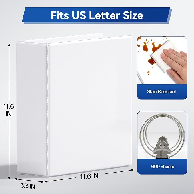 GNL 3 Inch Binders 3 Ring Bulk, 3" Three Ring Clear View Binder (Fit 8.5"x11" Paper) PVC-Free & Non-Stick for Office & School Supplies, White, 4 Pack