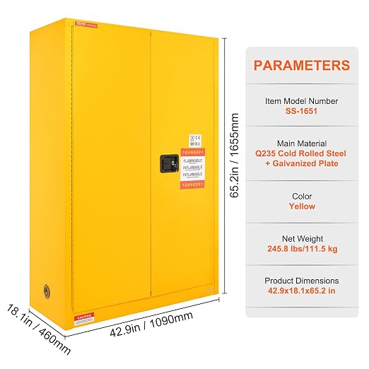 VEVOR Flammable Cabinet, 45 Gal, 18" x 43" x 65", Yellow | Cold-Rolled Steel, Explosion Proof, 2 Adjustable Shelves, 2 Manual Doors, Industrial Use