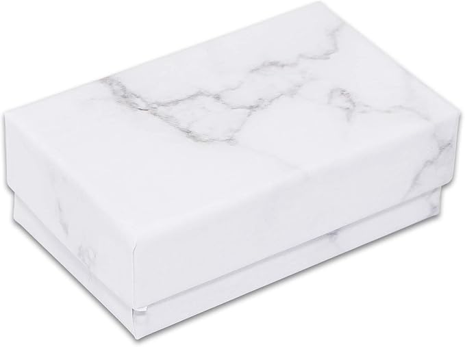 TheDisplayGuys 100 Cardboard Jewelry Gift Boxes with Inserts - Marble White | Size #21 - 2.6" x 1.6" x 1.0", Lids, Cotton Filled Padding, Kraft Paper, Bulk Pack Case, for Shipping, Organizers, Storage