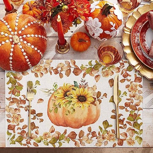 Boho Fall Placemats Set of 4, Thanksgiving Watercolor Pumpkins Heat Resistant Washable Table Place Mats Sunflowers Eucalyptus Table Linens Party Holiday Decor for Home Kitchen Dining Outdoor Indoor,